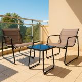 Záhradný relaxačný set stôl a 2 kreslá, oceľ, šedá
