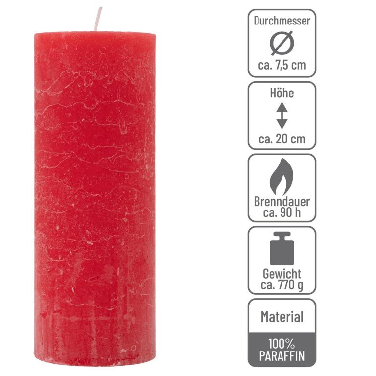 Červená parafínová sviečka rustikálna 20 cm, 90 h, súprava 6