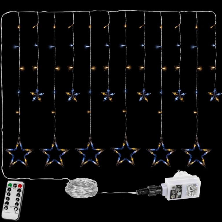 Vianočný záves - 12 hviezd, 150 LED, teple a studeno biela