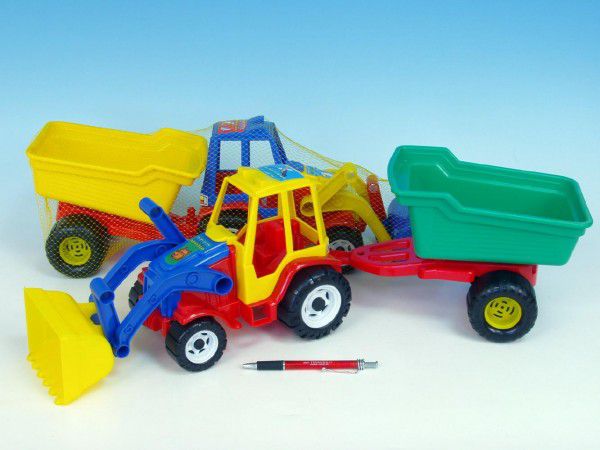 Traktor nakladač s valníkem plast 64cm asst 3 barvy v síťce