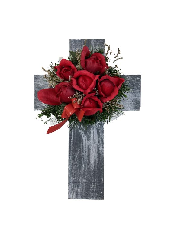 Kríž s umelým kvetom v červenej farbe, 40 x 26 x 17 cm