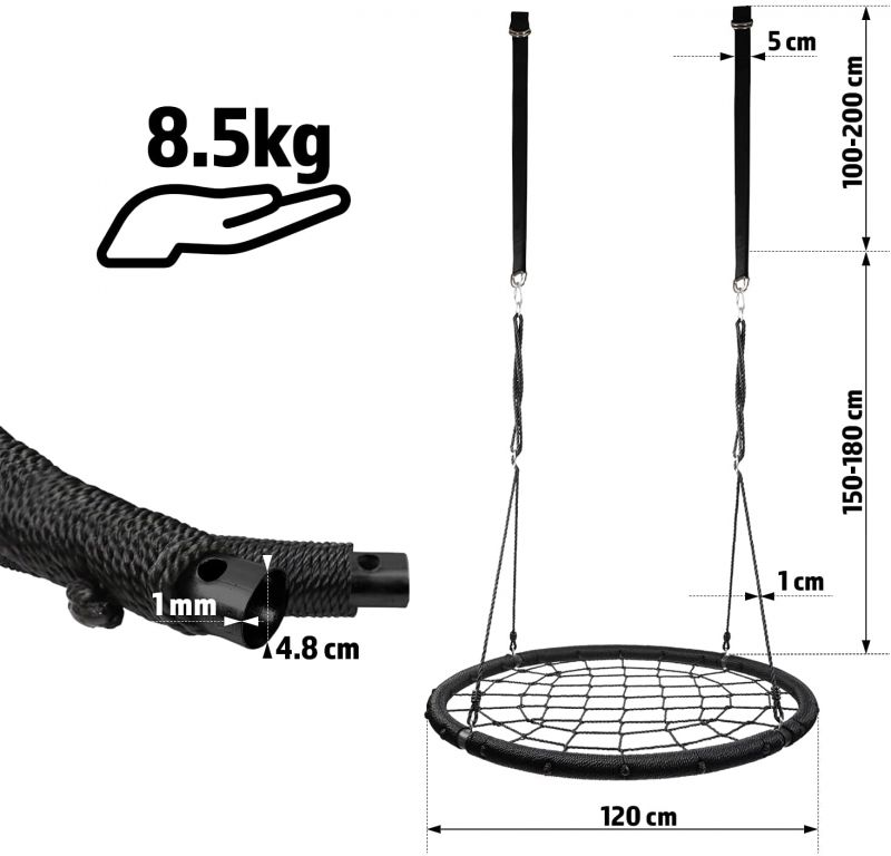 Obrázok Physionics sieťová hojdačka v tvare kruhu, 120 cm, čierna