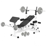 Gorilla Sports Posilňovacia lavica + liatinový set činiek, biela