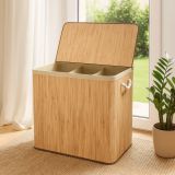 Veľký bambusový kôš na bielizeň 150 l s vekom, trojkomorový