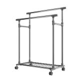 Kovový stojan na oblečenie na kolieskach, 2 tyče + police