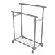 Kovový stojan na oblečenie na kolieskach, 2 tyče + police