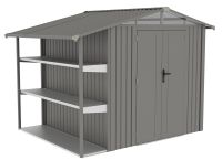 Záhradný plechový domček AMY X-B s regálmi a oknom, sivý